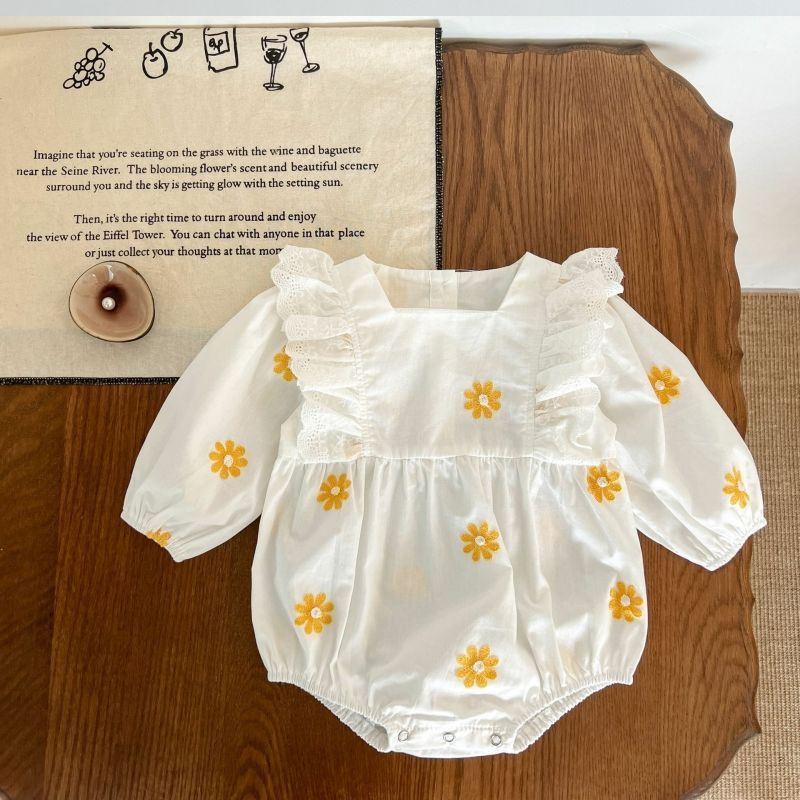 Sweet Daisies Embroidery Rompers Long Sleeve Onesie - Cindi Book