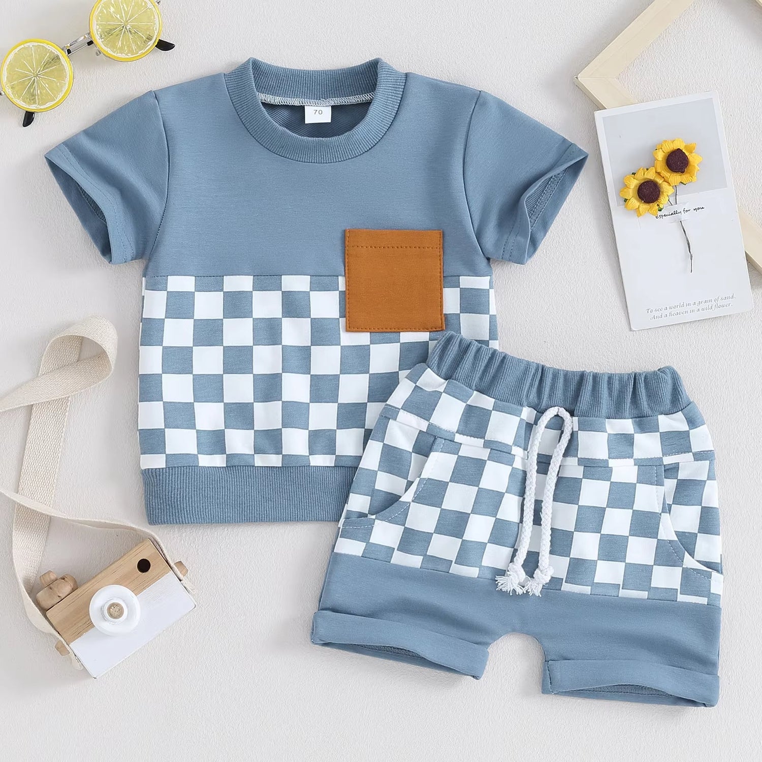 Fashion Personality Children's Shirt Plaid Shorts Set