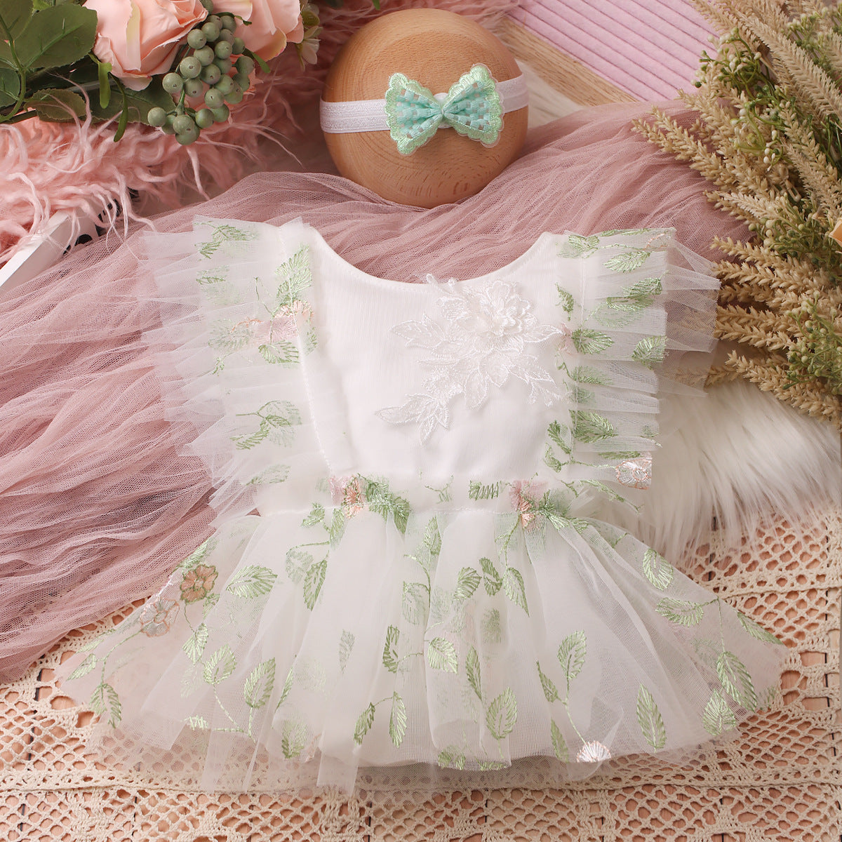 Two-piece Newborn Embroidery Floral Lace Mesh Jumpsuit - Cindi Book