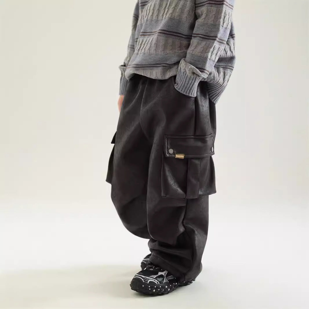 Boy Winter Fleece Lining Workwear Leather Pants - Cindi Book