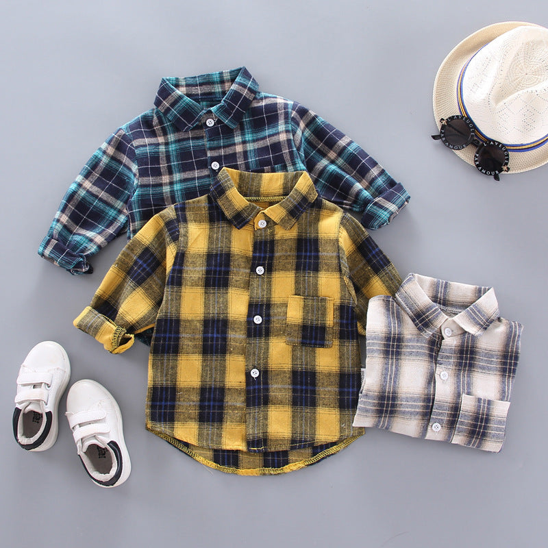 Boys and Girls Plaid Shirts Loose Lapel Long Sleeves