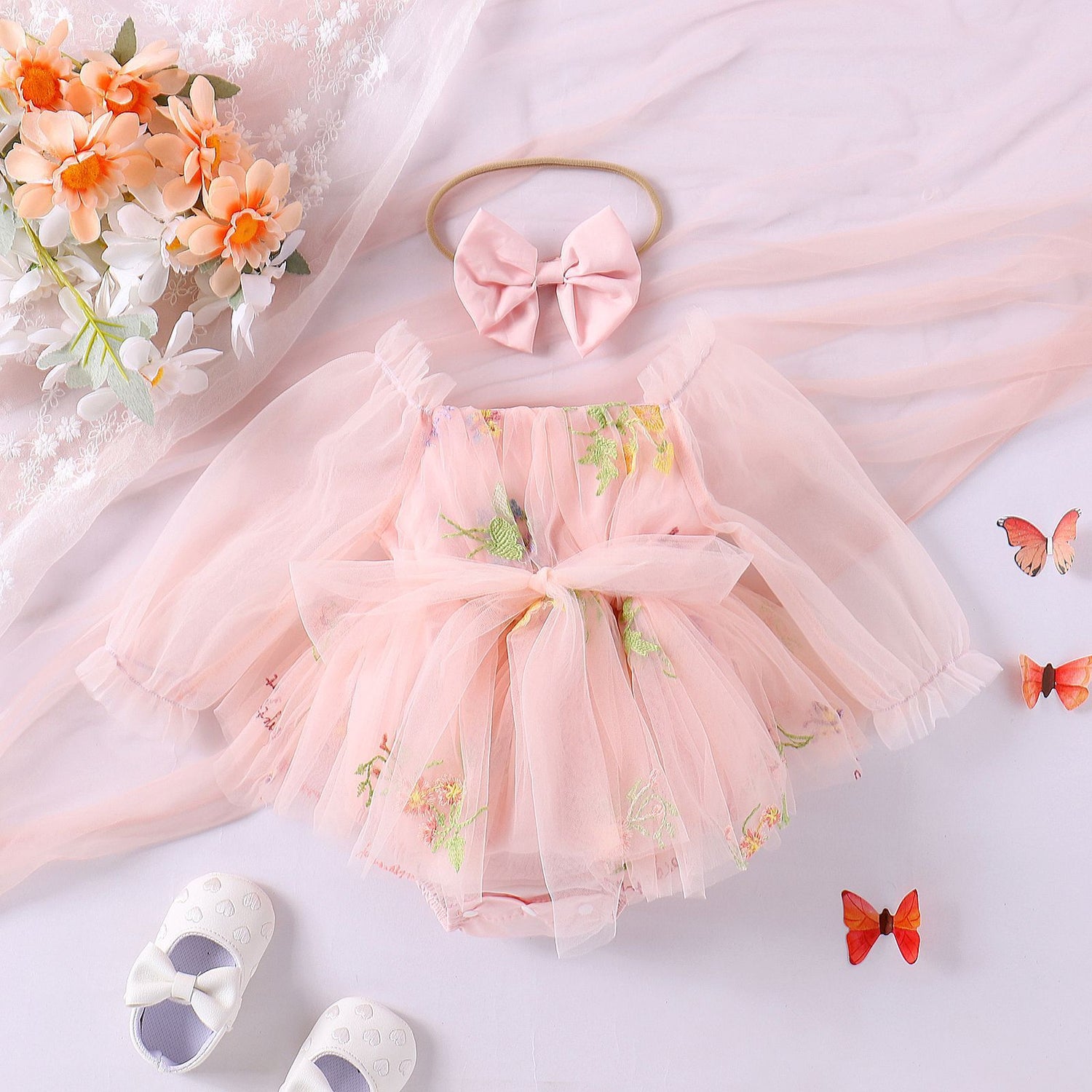 Baby Girl Jumpsuit Infant Long Sleeve Mesh Flower Embroidered Skirt Bottom-covering Rompers - Cindi Book