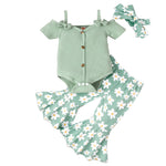 Solid Color Sling Off-shoulder Top Floral Bell-bottom Pants Suit - Cindi Book