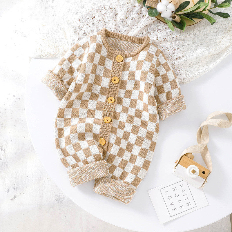 Ins New Chessboard Baby One-piece Garment Thousand Bird Pattern Knitting - Cindi Book