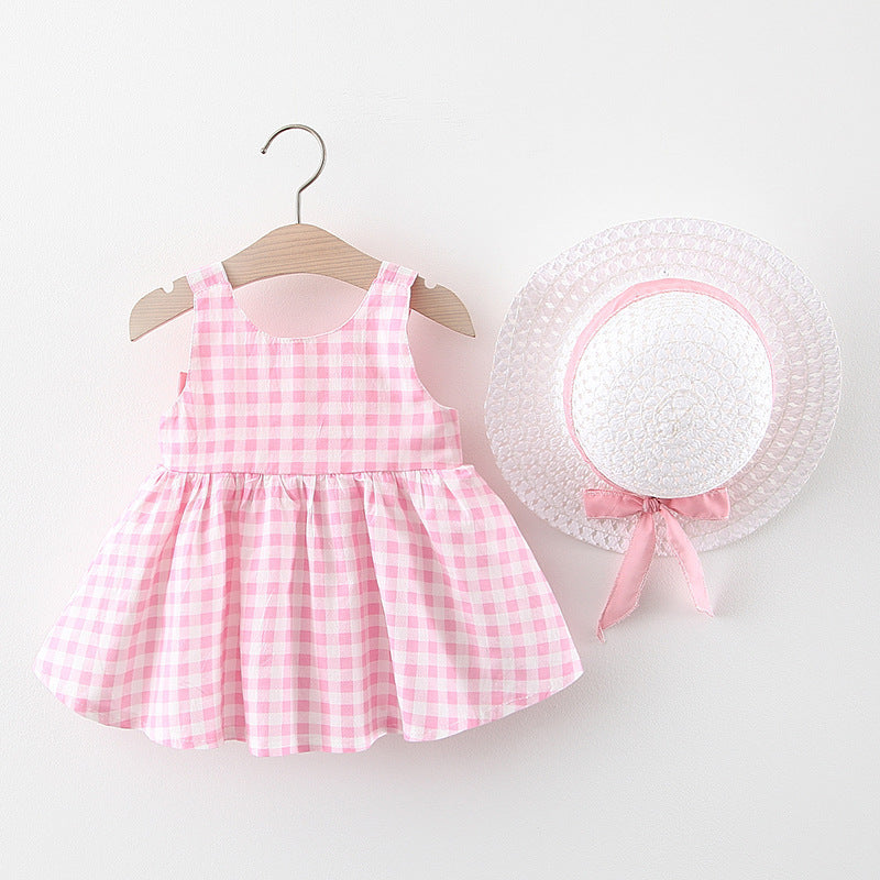 Baby Girl Plaid Skirt Fashion Girl Skirt Free Straw Hat - Cindi Book