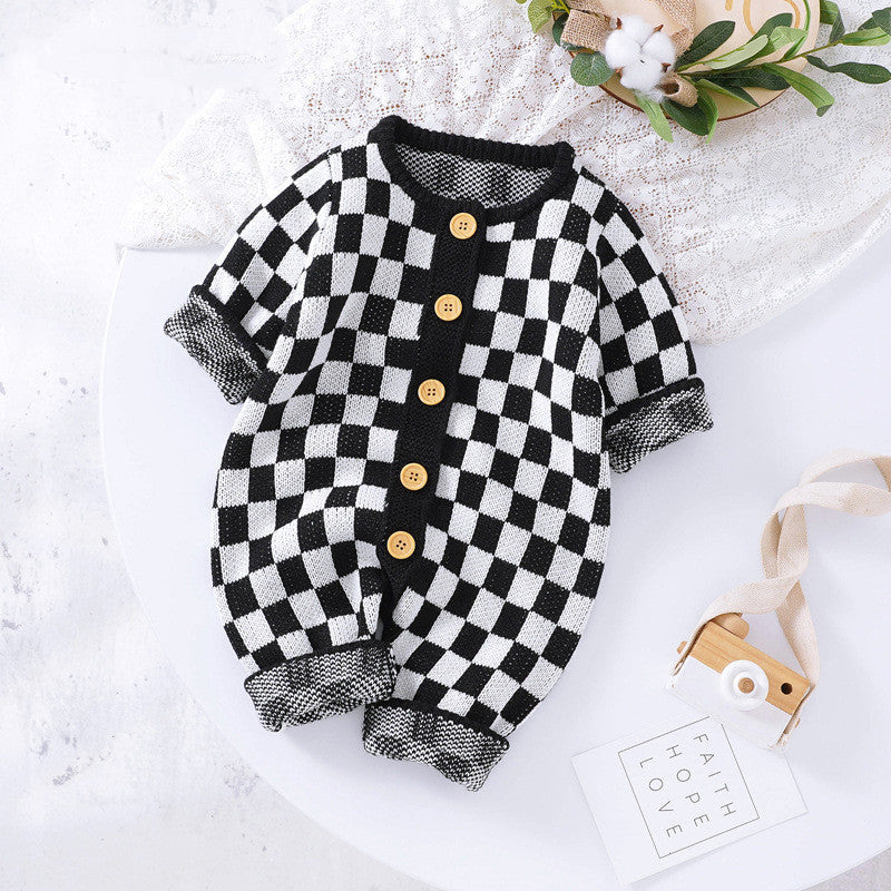 Ins New Chessboard Baby One-piece Garment Thousand Bird Pattern Knitting - Cindi Book