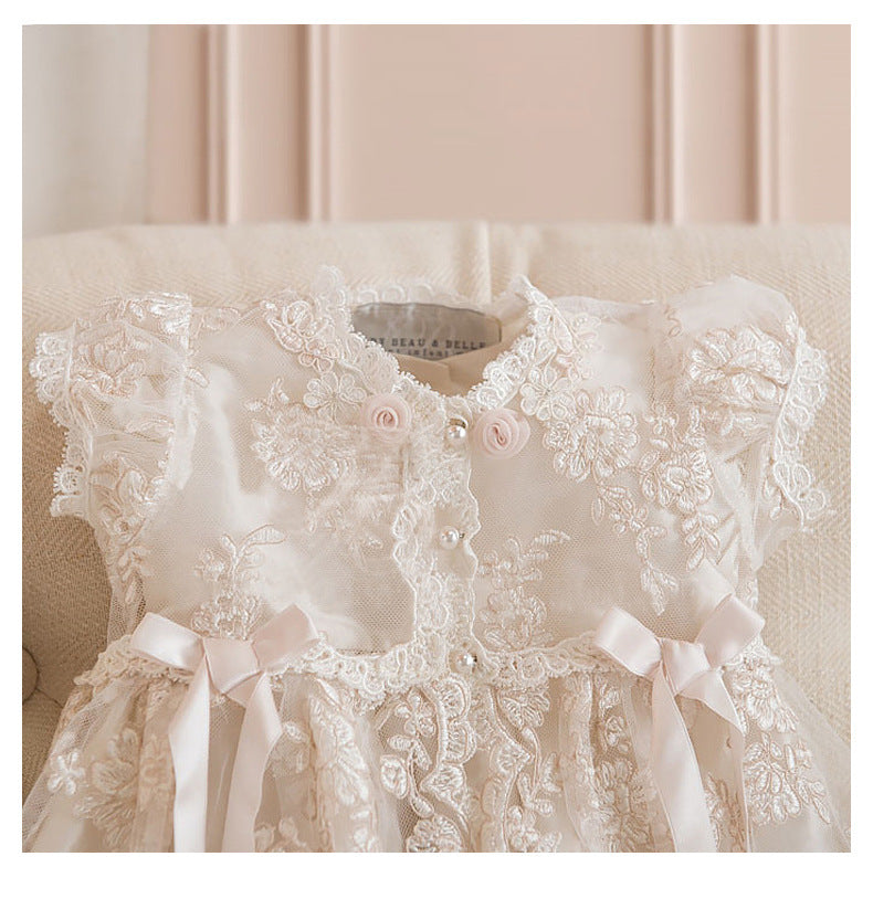 Girls Dress Short-sleeved Lace Embroidered Mesh Dress - Cindi Book