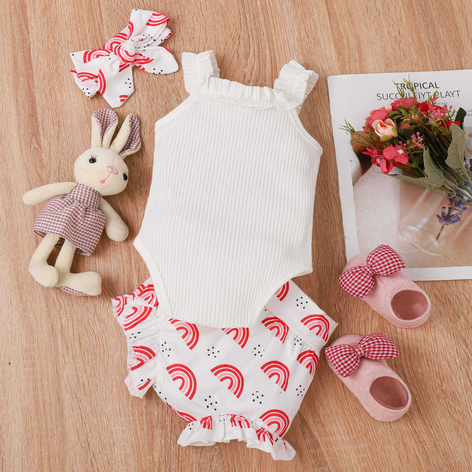 Girls' Fashion Sling Pit Striped Harness Printed Shorts Set - Cindi Book