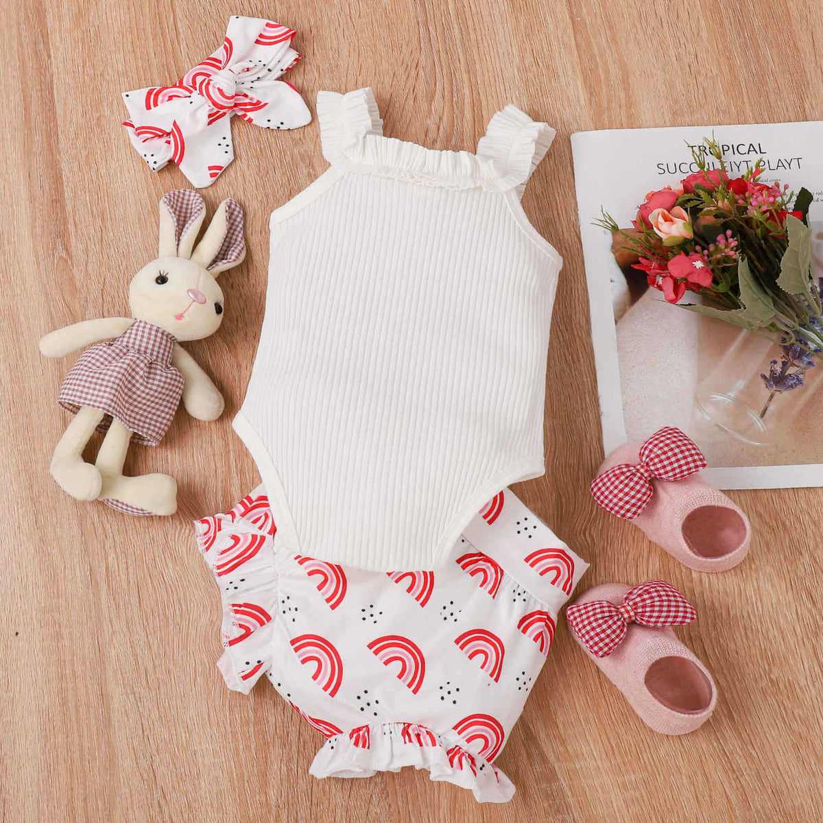 Girls' Fashion Sling Pit Striped Harness Printed Shorts Set - Cindi Book