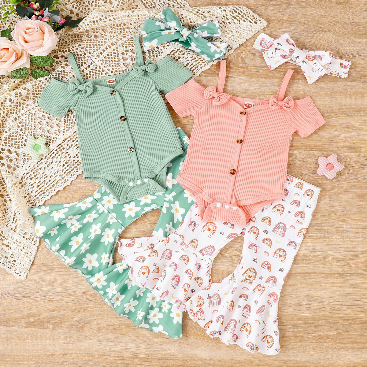 Solid Color Sling Off-shoulder Top Floral Bell-bottom Pants Suit - Cindi Book