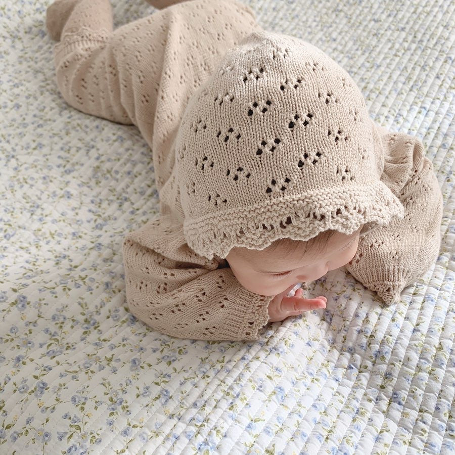 Knitted Hollow Jumpsuit Baby Girl Lace Long-sleeved Romper With Hat - Cindi Book