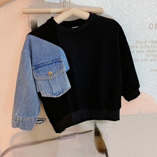 Boys' Denim Knitted Sleeve Loose Sweater - Cindi Book