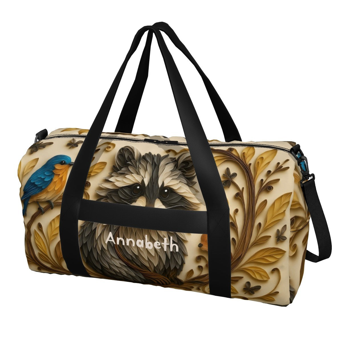 Personalized Woodland Raccoon Duffel Bag with Custom Name – Baby Travel, Gym & Weekend Bag