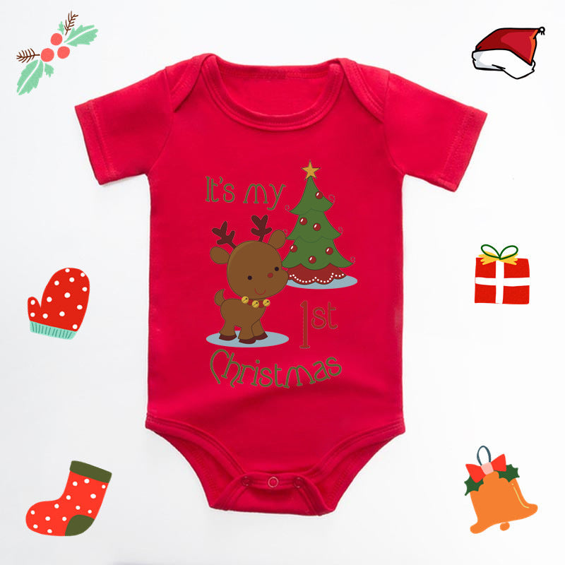 Christmas Deer English Letters Printed Red Triangle Rompers - Cindi Book