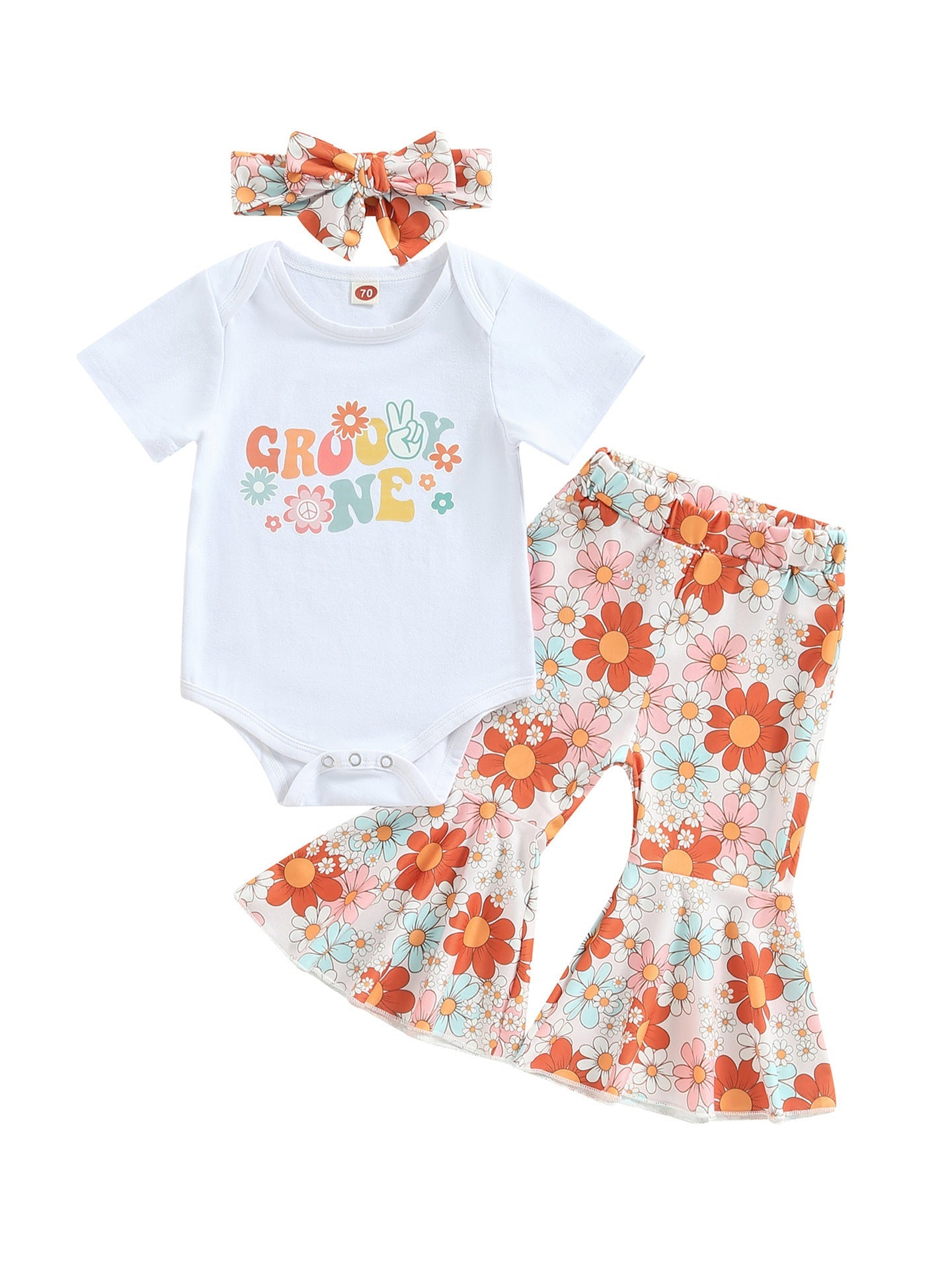 Girls Rainbow Flower Romper Bell-Bottom Pants Headscarf Three-Piece Set