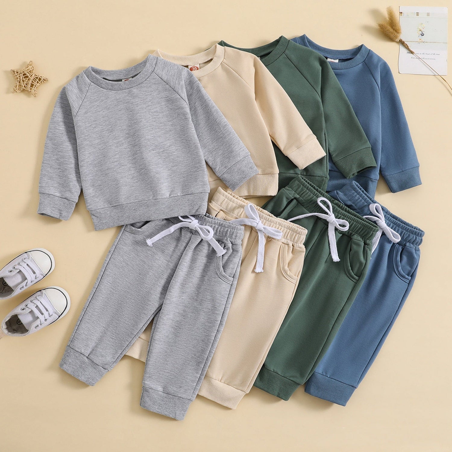 Boys Solid Color Set Round Neck Sweater Trousers