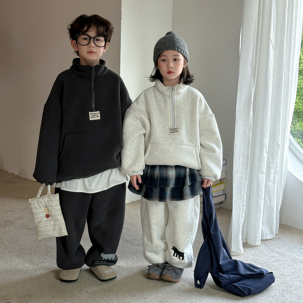 Winter Clothes For Boys And Girls Korean-style Labeling Half Zipper Two-piece Set - Cindi Book