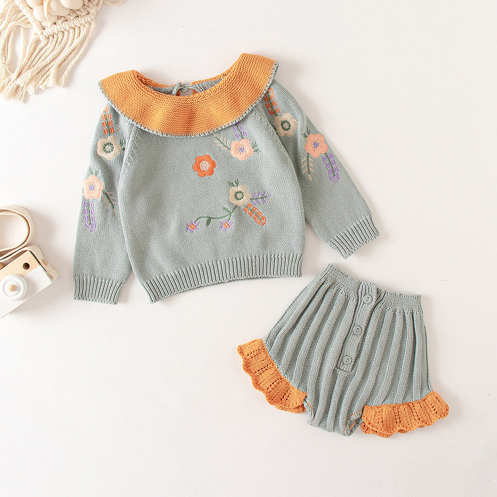 Baby Girl Baby Knitted Suit Embroidered Lotus Leaf Collar Top - Cindi Book