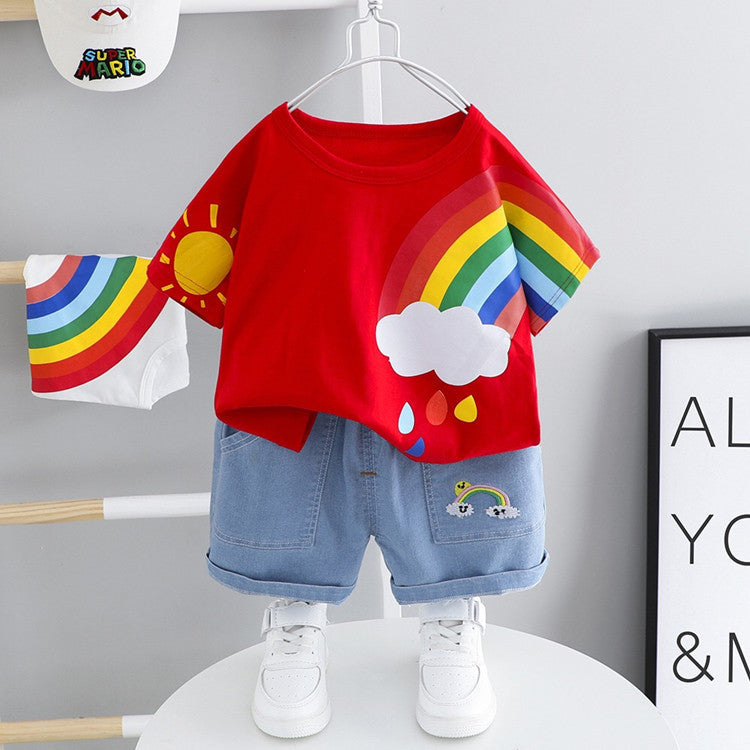 Boys And Girls Short-sleeved Denim Five-point Pants Two-piece Cute Pants Suit Cotton Short-sleeved - Cindi Book