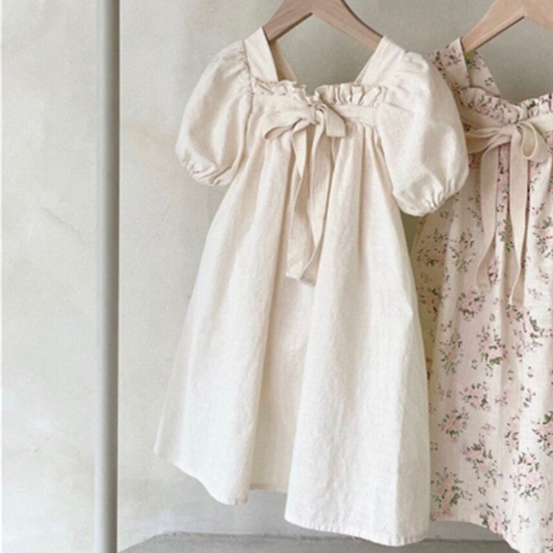 Girls Bow Bubble Sleeve Floral Square Neck Dress - Cindi Book