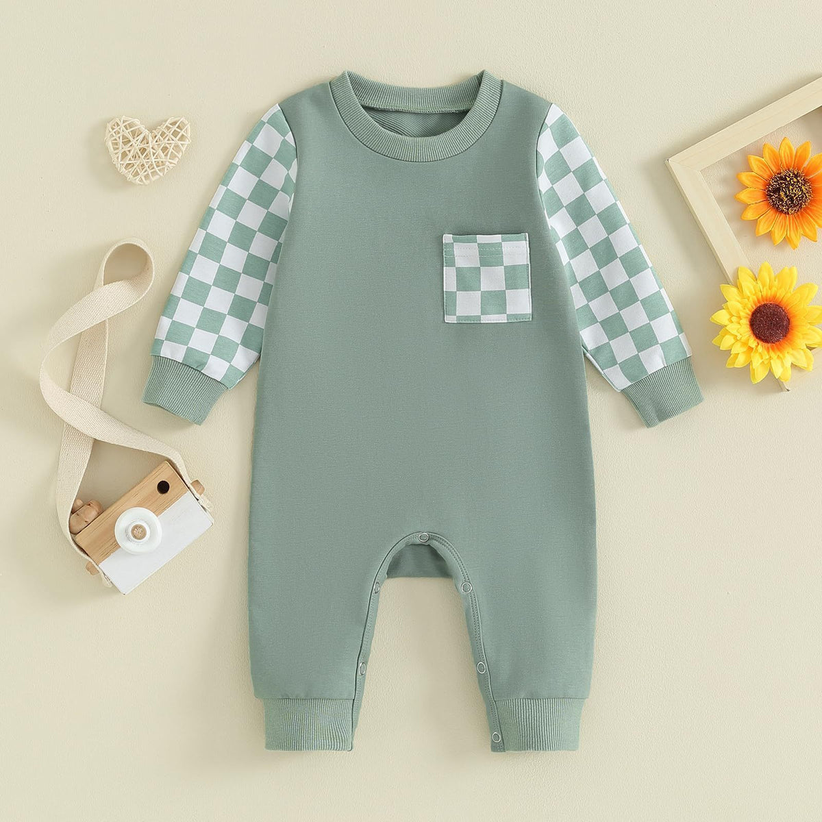 Checkerboard Plaid Color Matching Sleeve Pocket Jumpsuit - Cindi Book