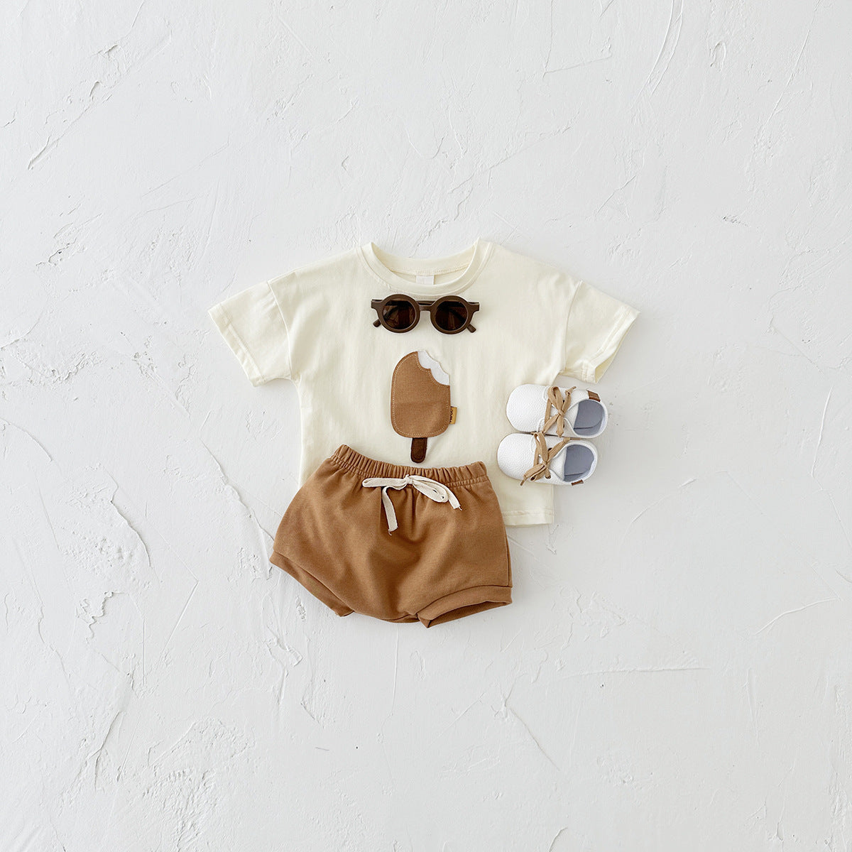Girls' Casual Round Neck Cotton Ice Cream Patch Short Sleeve Shorts Suit - Cindi Book