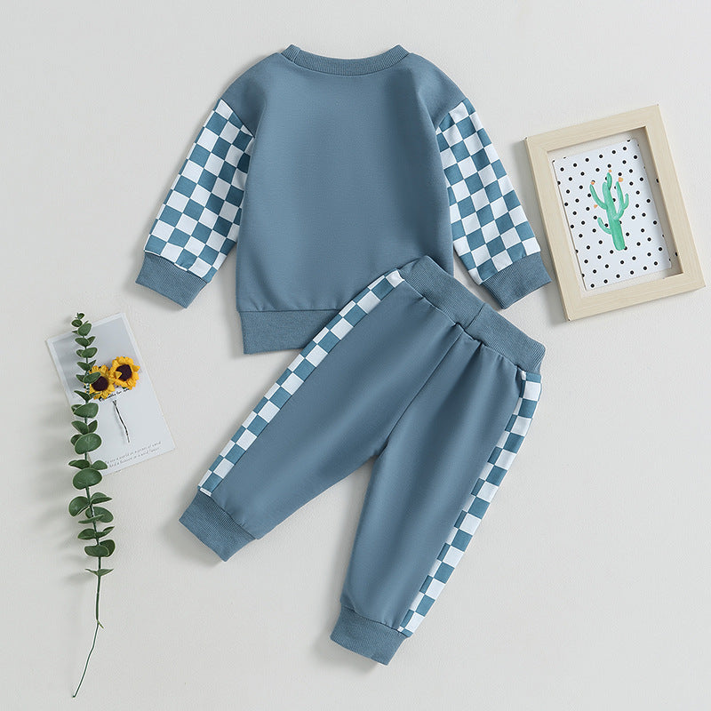 Boys' Chessboard Plaid Patchwork Sweater Sweatpants 2-piece Set - Cindi Book