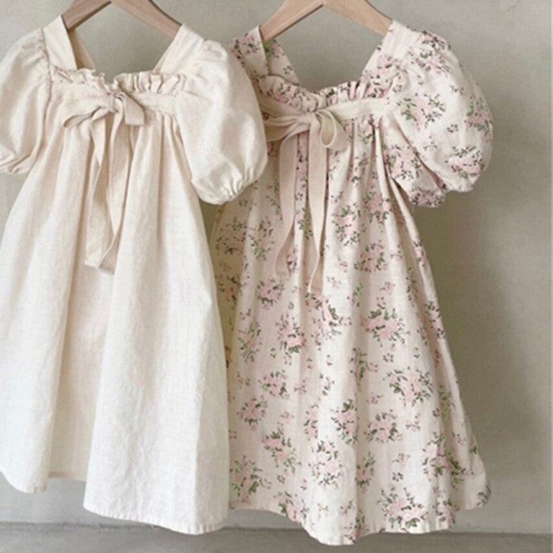 Girls Bow Bubble Sleeve Floral Square Neck Dress - Cindi Book