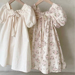 Girls Bow Bubble Sleeve Floral Square Neck Dress - Cindi Book