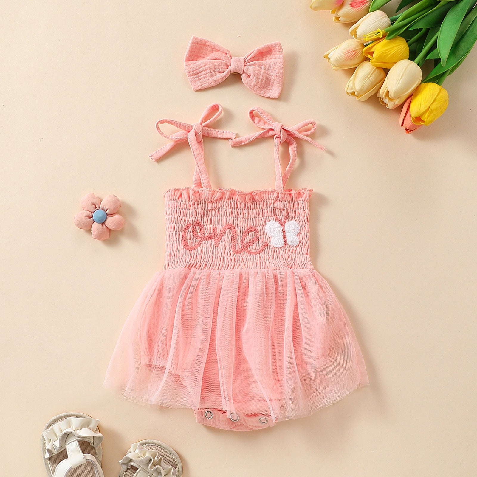 Towel Embroidery Mesh Slip Dress Bowknot Headband Two-piece Set - Cindi Book