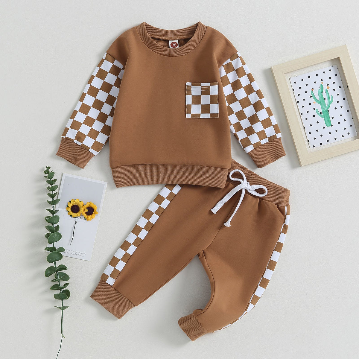 Boys' Chessboard Plaid Patchwork Sweater Sweatpants 2-piece Set - Cindi Book