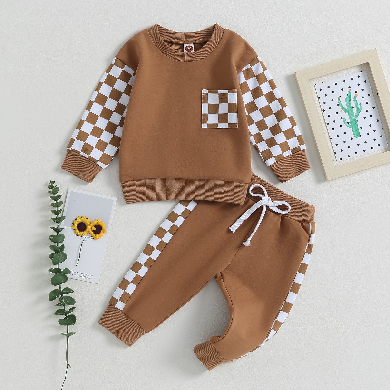 Boys' Chessboard Plaid Patchwork Sweater Sweatpants 2-piece Set - Cindi Book