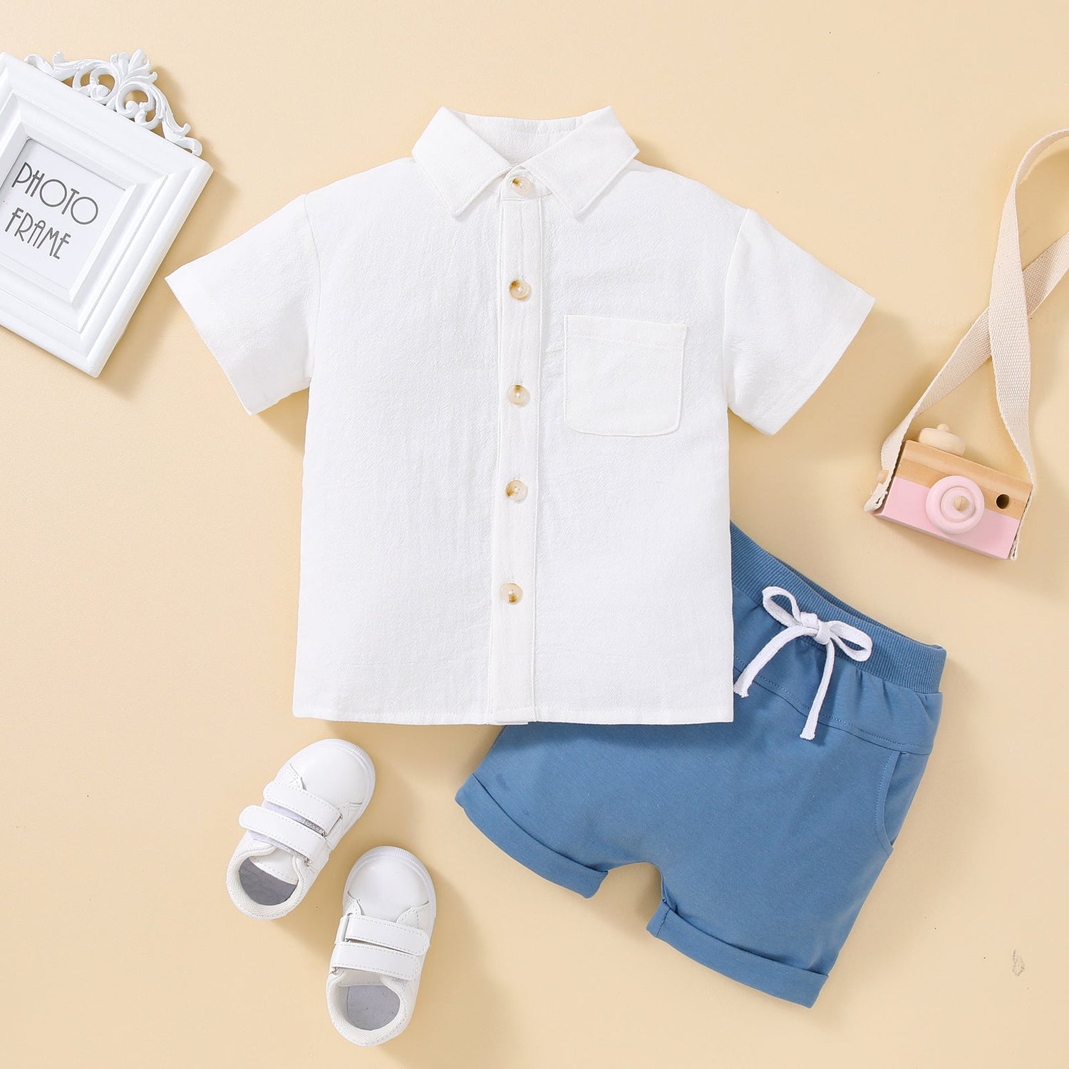 Boys Short Sleeve Shirt Top Solid Color Shorts Two-Piece Set