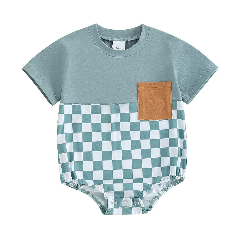 Baby Summer Jumpsuit Waffle Patchwork Pocket Short Sleeve - Cindi Book