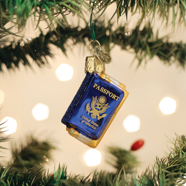 Old World Christmas Mini Passport Ornament - hand-blown glass Christmas tree ornament