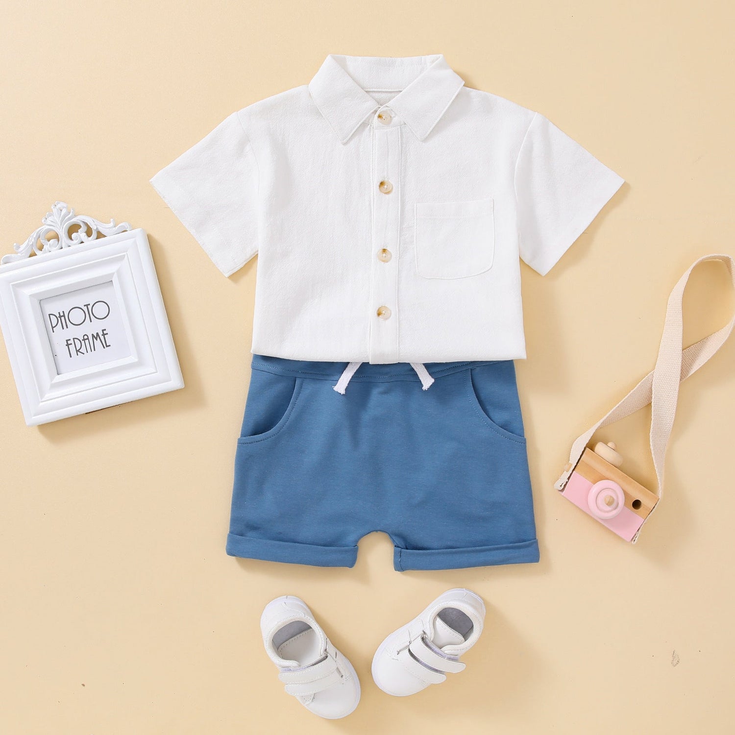 Boys Short Sleeve Shirt Top Solid Color Shorts Two-Piece Set