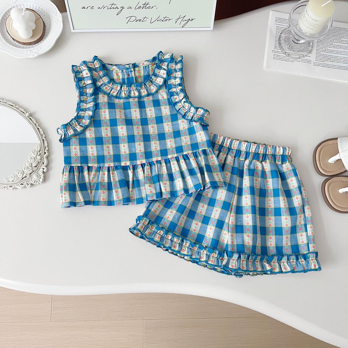 New Summer Korean-Style Polyester Plaid Three-Piece Set For Girls - Cindi Book