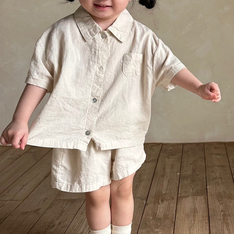 Boys And Girls Lapel Short Sleeve Top Shorts Casual Two-piece Suit - Cindi Book