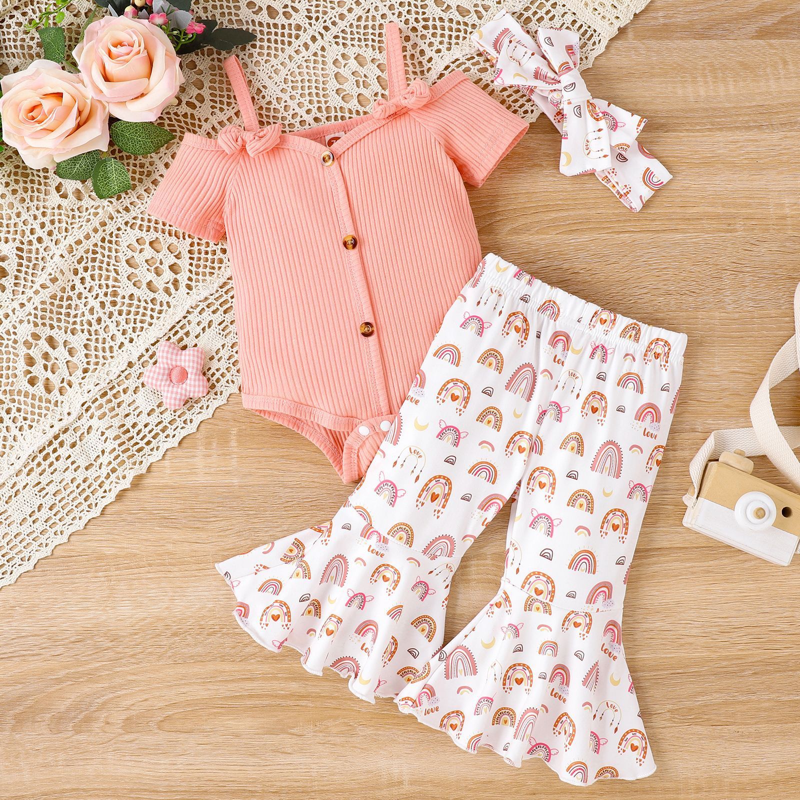 Solid Color Sling Off-shoulder Top Floral Bell-bottom Pants Suit - Cindi Book