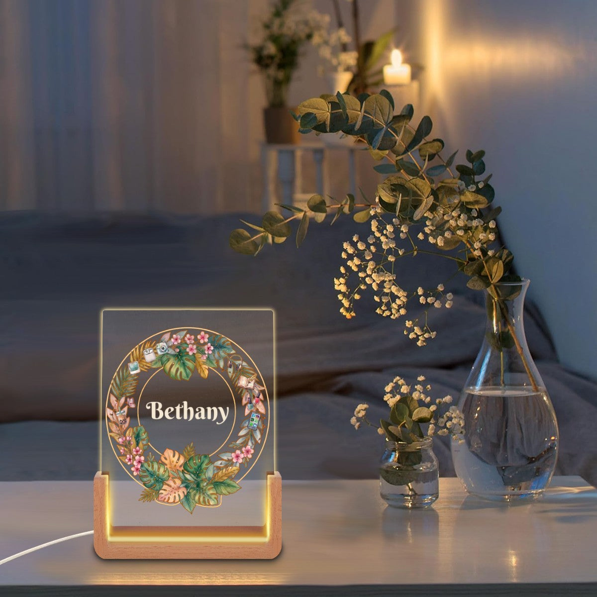 Personalized Night Light for Teen Girls with Name | Tropical Wreath with Teen Icons | Bedroom Decor Gift