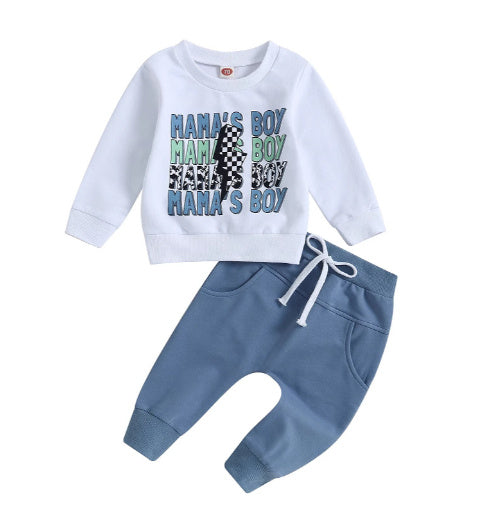 Casual Boy Letter Floral Print Long Sleeve Pullover Trousers Suit - Cindi Book