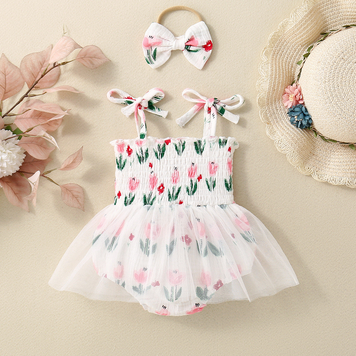 Baby Girl Flower Print Sling Triangle Rompers Tulle Skirt - Cindi Book