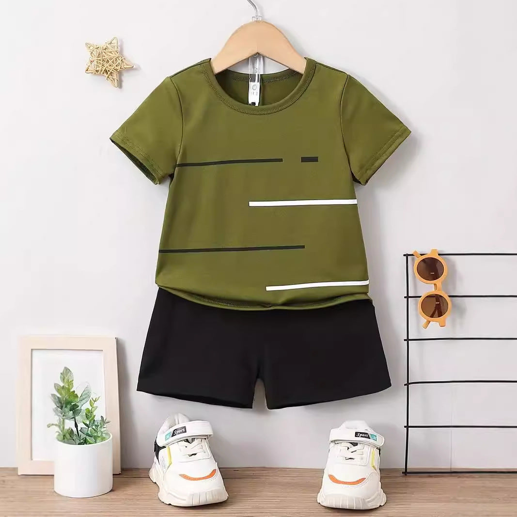 New Short Sleeve T-Shirt Shorts Loose Color Matching Lines Two-Piece Set