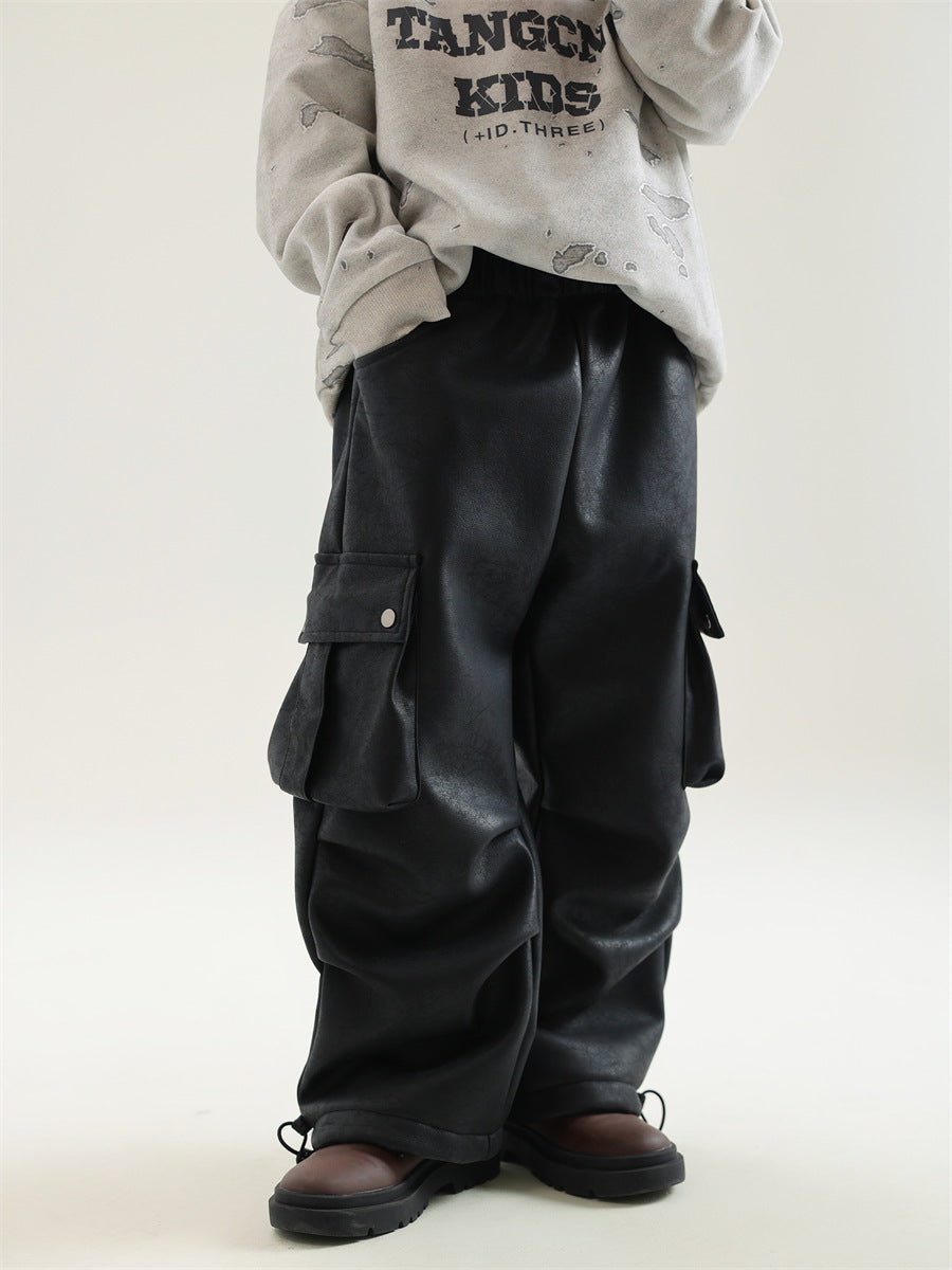 Boy Winter Fleece Lining Workwear Leather Pants - Cindi Book