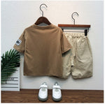 Boys And Girls Solid Color Bear Print Armband T-shirt Short Sleeve Two-piece Set - Cindi Book