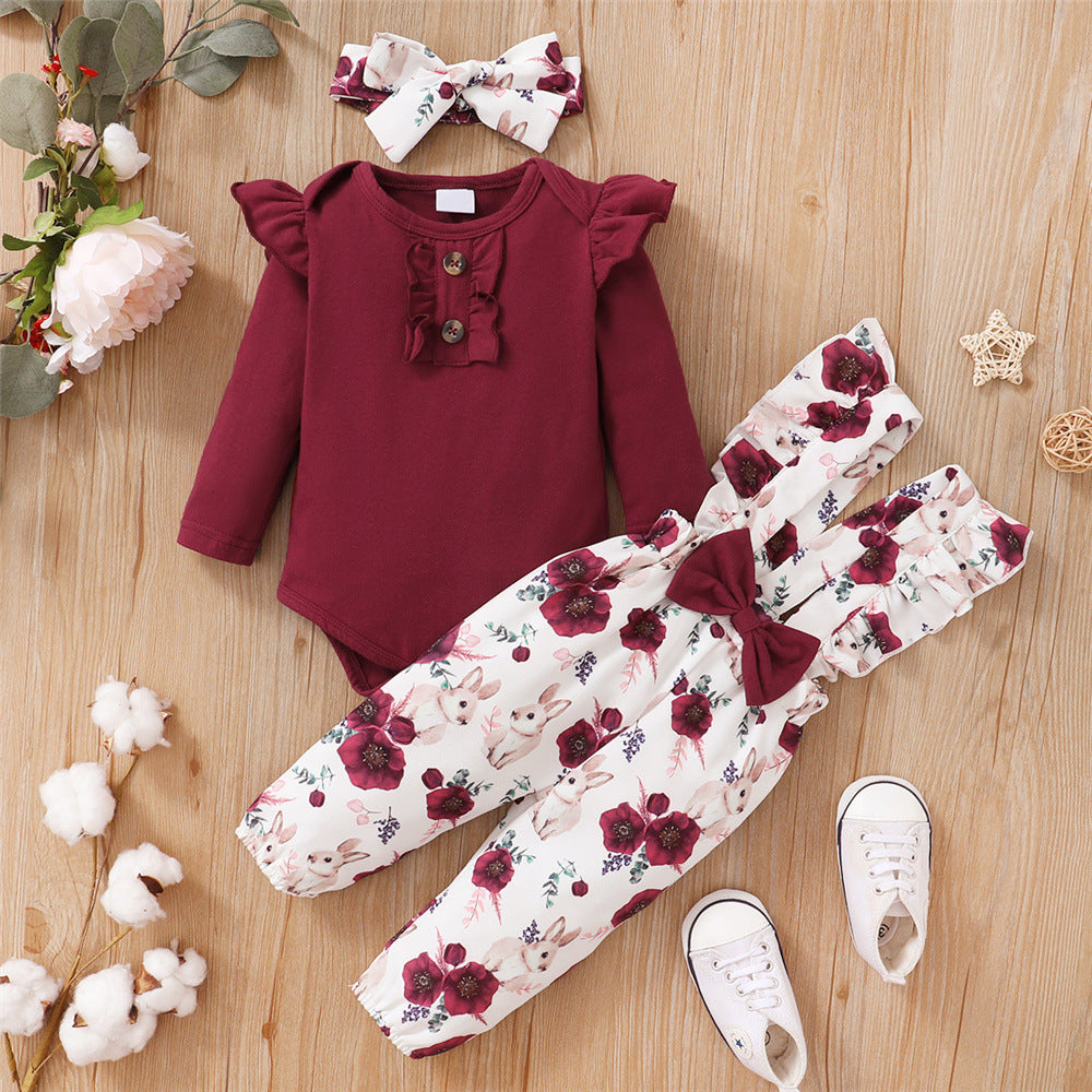 Long-sleeve Jumpsuit Floral Suspender Pants Headscarf Three-piece Set - Cindi Book