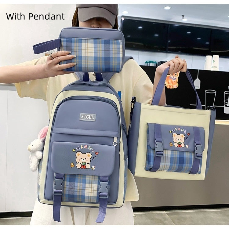 Large Capacity High School Plaid Three-piece Set Junior High School Student Elementary School Studebt Backpack - Cindi Book