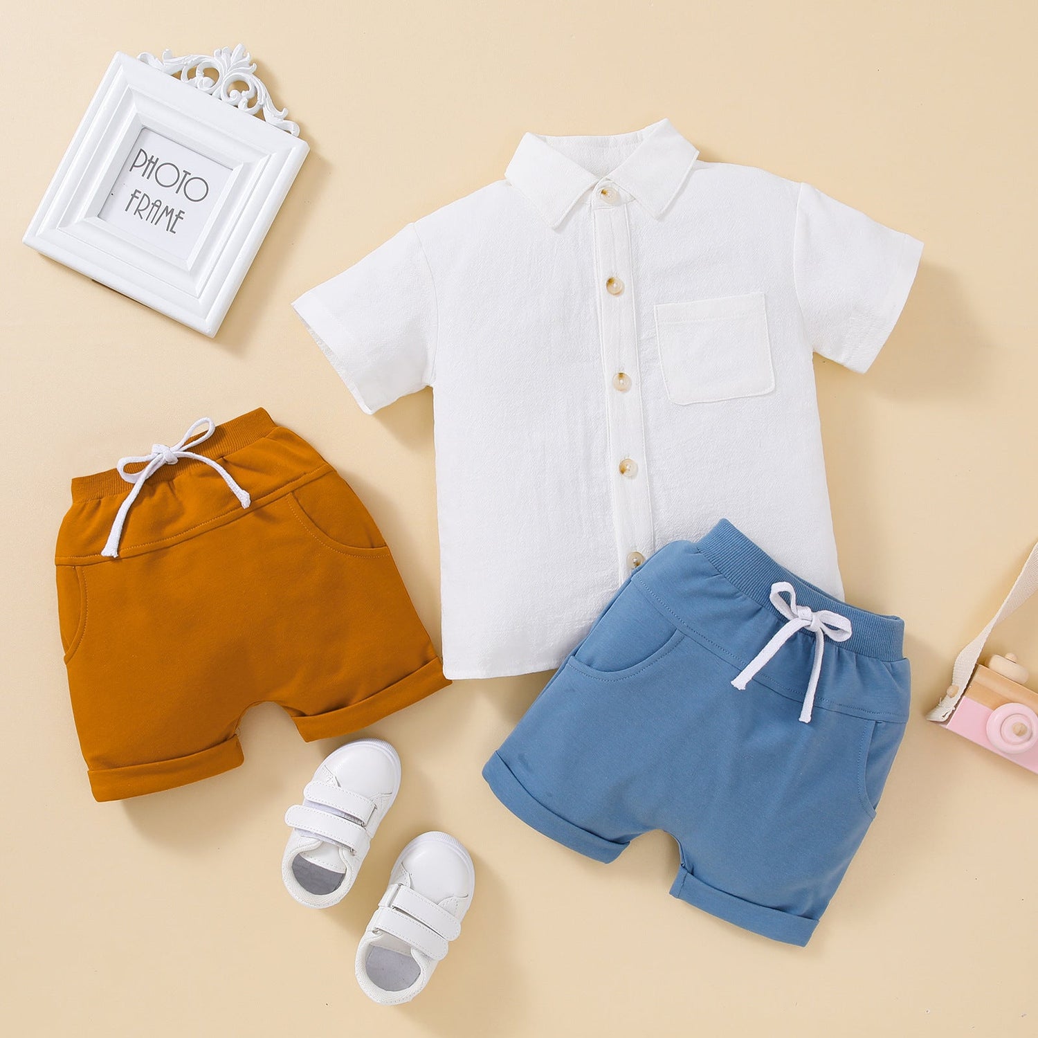 Boys Short Sleeve Shirt Top Solid Color Shorts Two-Piece Set