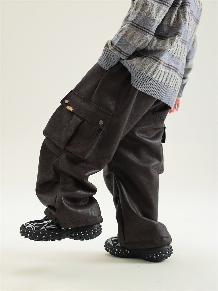 Boy Winter Fleece Lining Workwear Leather Pants - Cindi Book