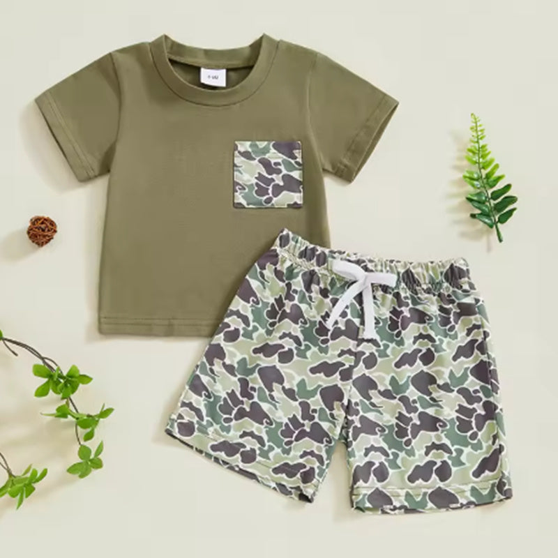 Boy's Camouflage Printed Faux Pocket Short Sleeve Top Suit - Cindi Book